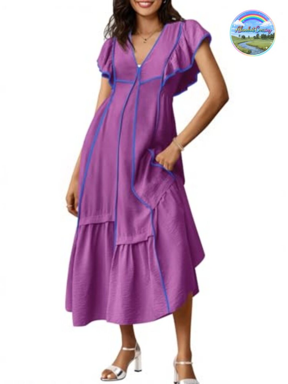 Womens V Neck Midi Dress Ruffle Sleeve Contrast Loose Fit Flowy Long